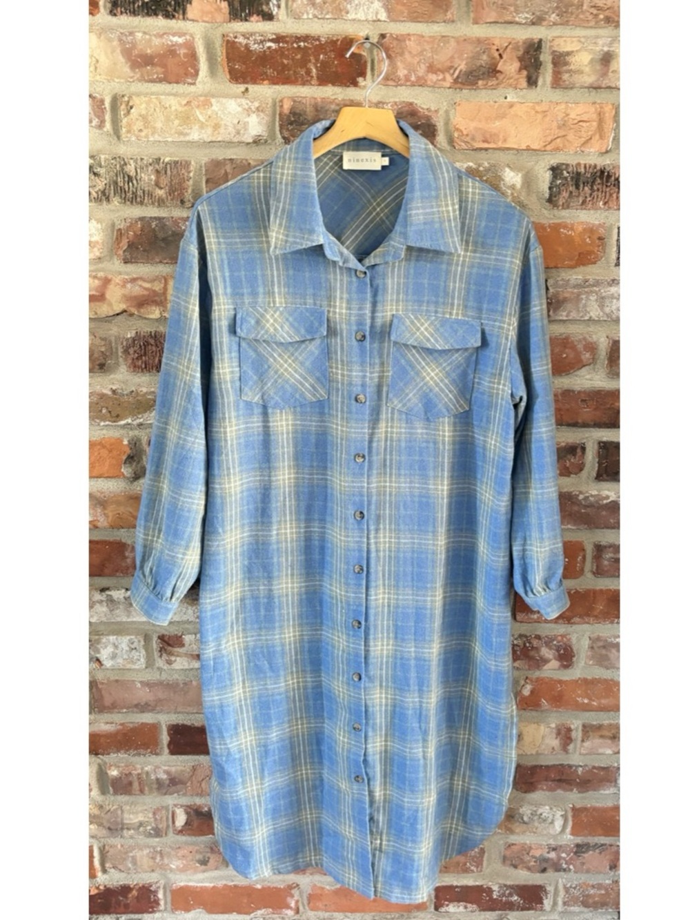 Ninexis Blue Flannel Plaid Button Up Midi Shirtdress, S